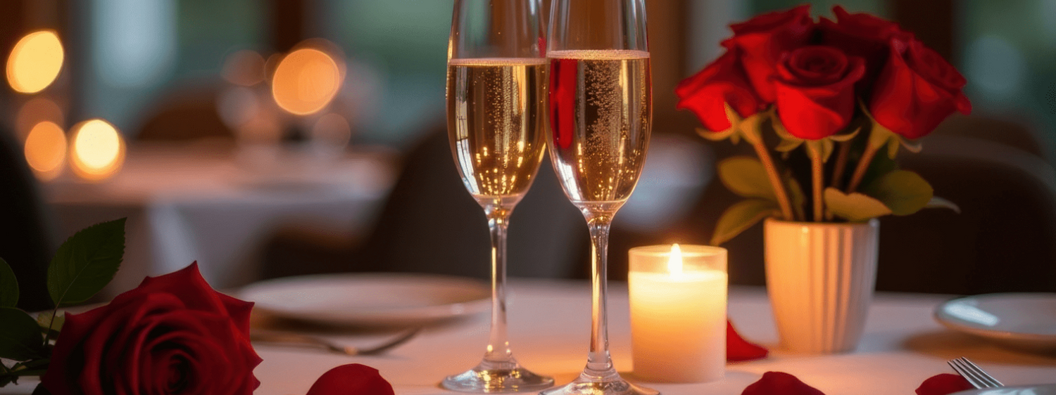 Two wine glasses filled with wine on a table with rose flowers