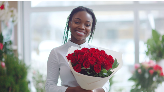 Woman holding bouquet of rose flowers