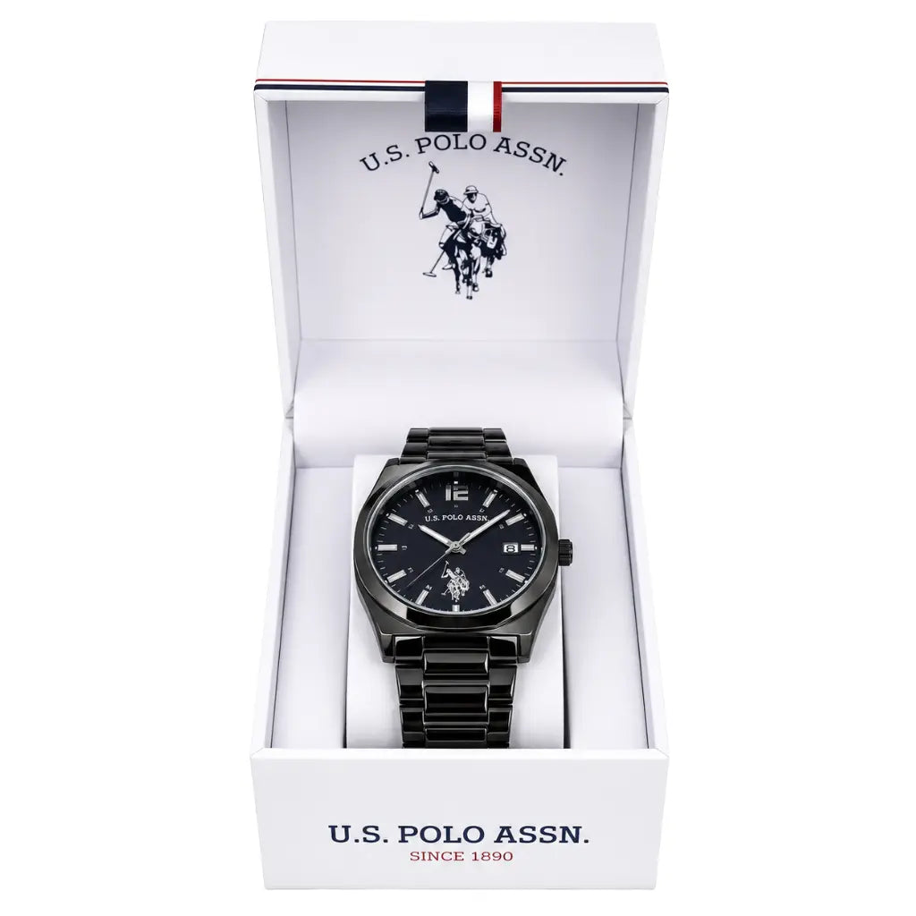 Black U.S. Polo Assn. watch in a white box with brand logo.