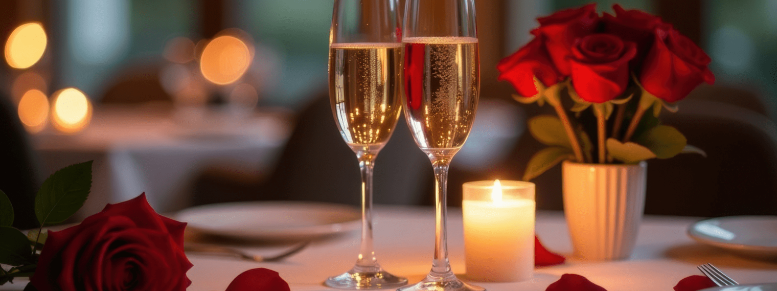 Two wine glasses filled with wine on a table with rose flowers 