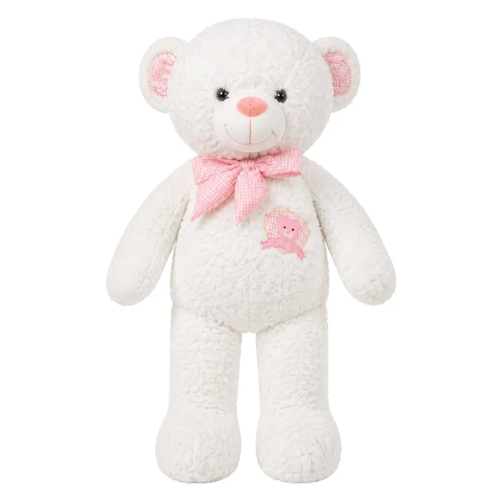 A white plush teddy bear with pink inner ears, a pink gingham bow, and a small pink bear patch on its chest, shown against a plain white background.