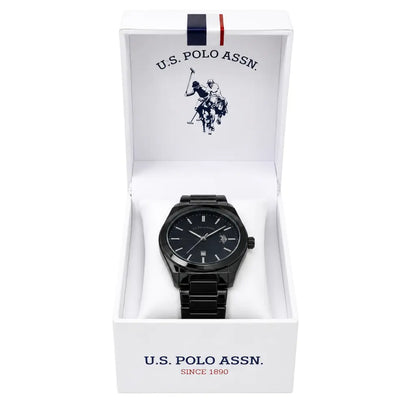 Black watch in a U.S. Polo Assn. box on a white background