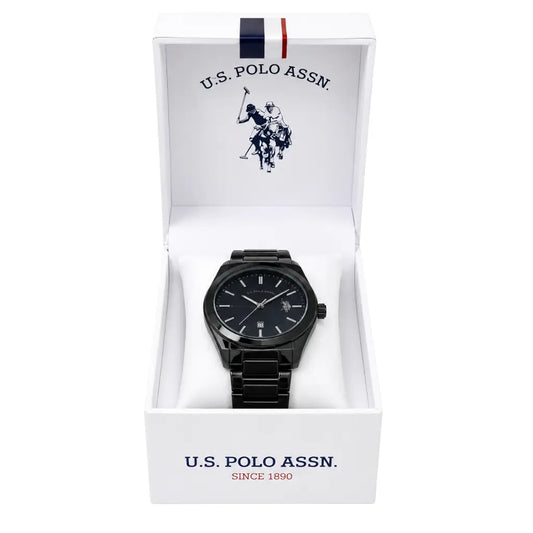 Black watch in a U.S. Polo Assn. box on a white background