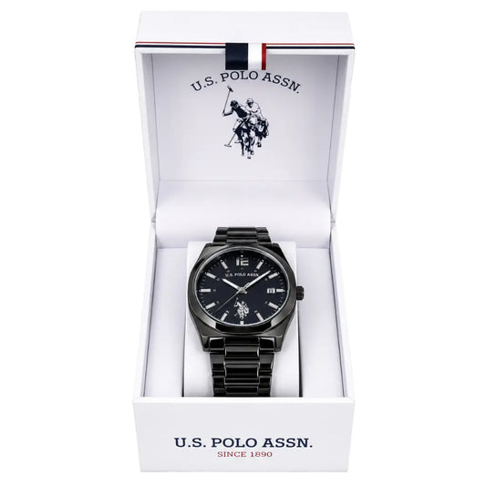 Black U.S. Polo Assn. watch in a white box with brand logo.