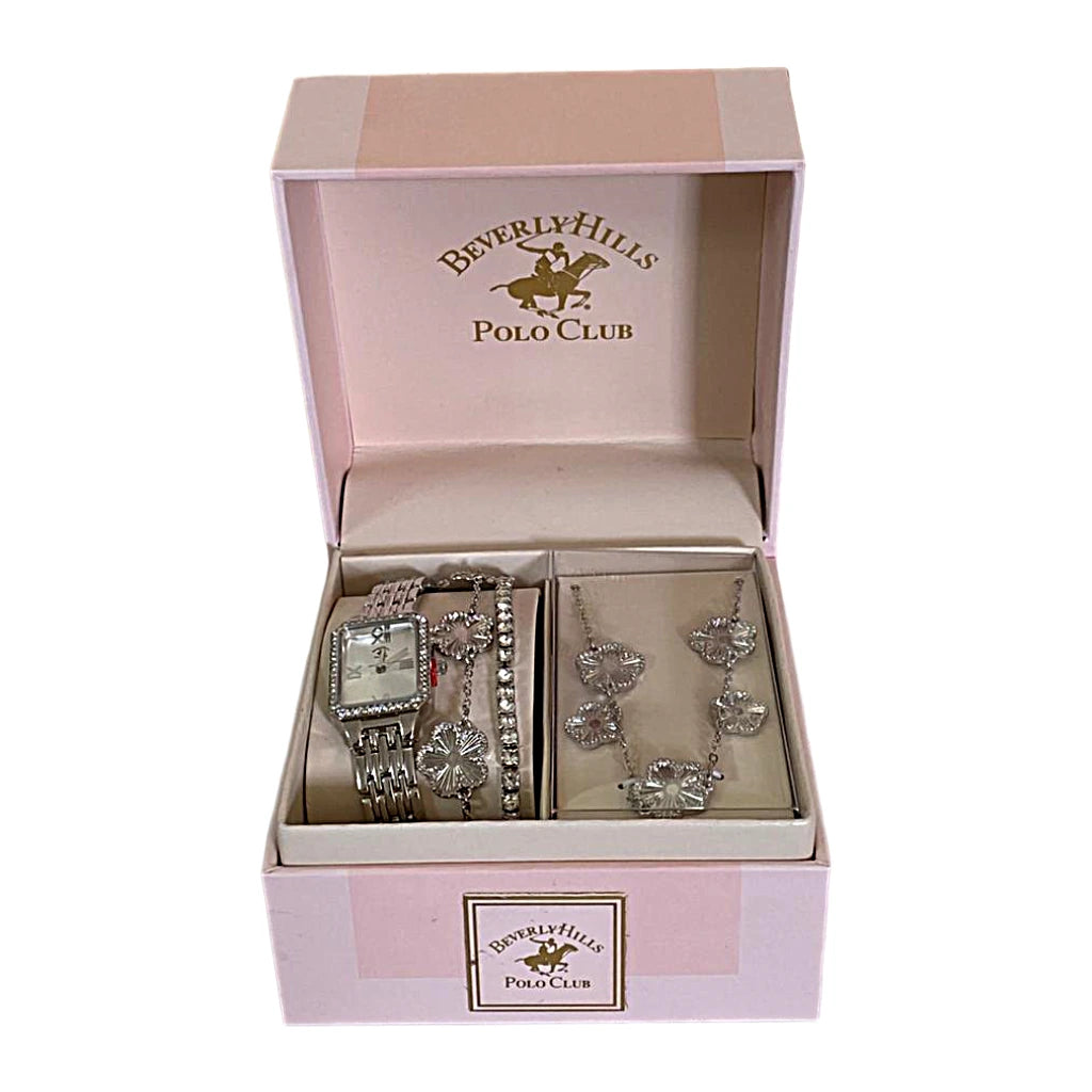 Jewelry set with watch and necklace in a Beverly Hills Polo Club box on a white background