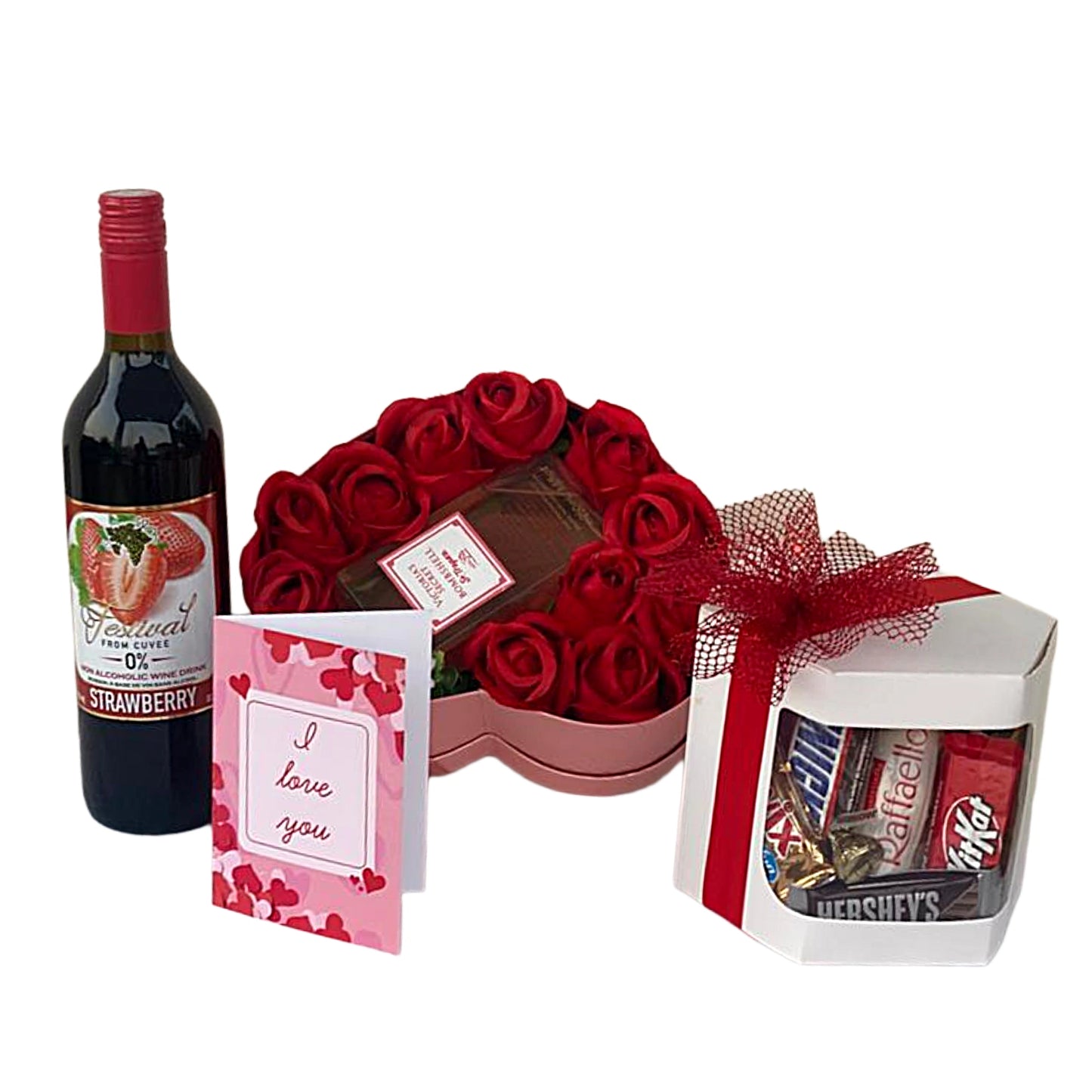 Gift set with wine, chocolate, and candy on a white background