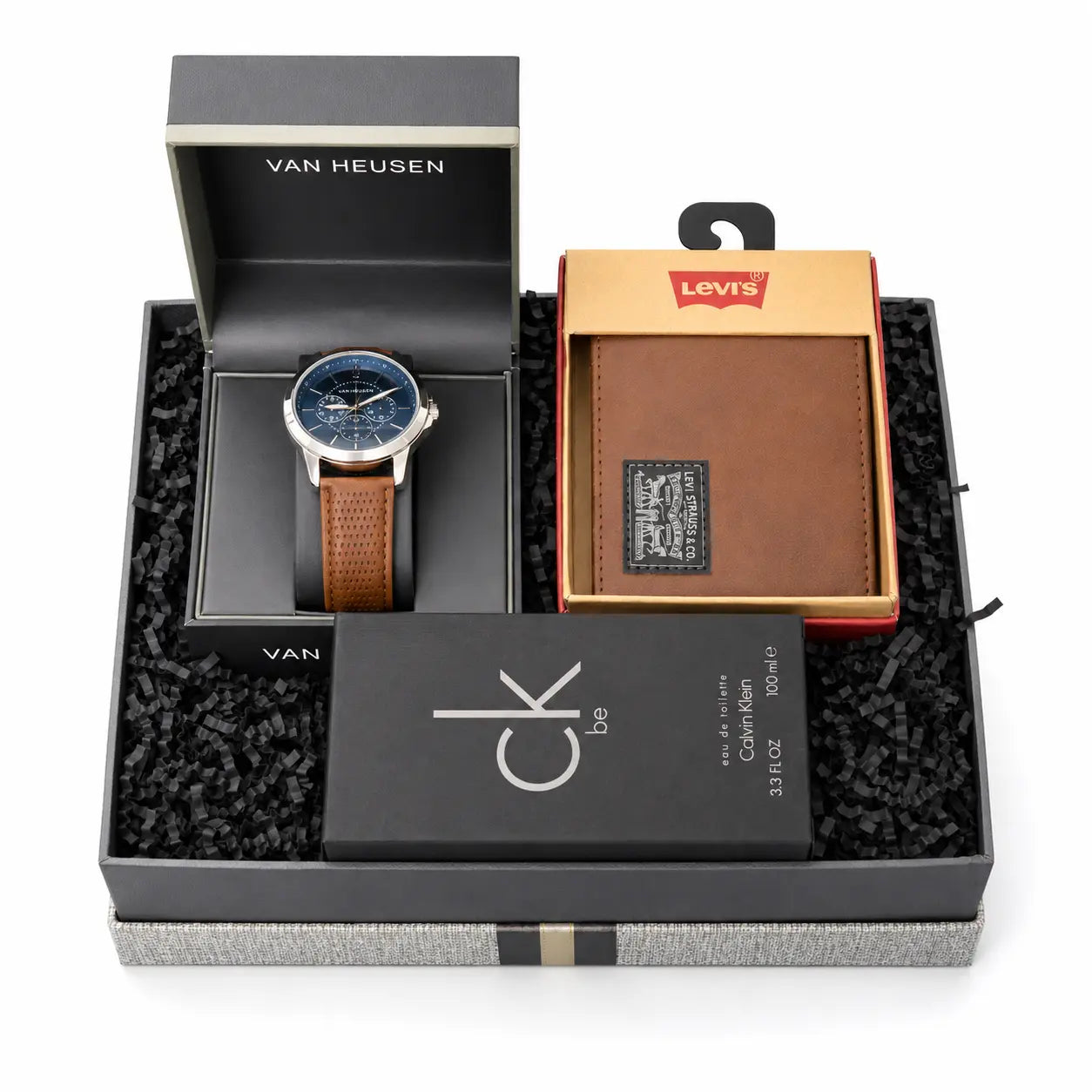 Watch and wallet set in Van Heusen box with visible brand logos.