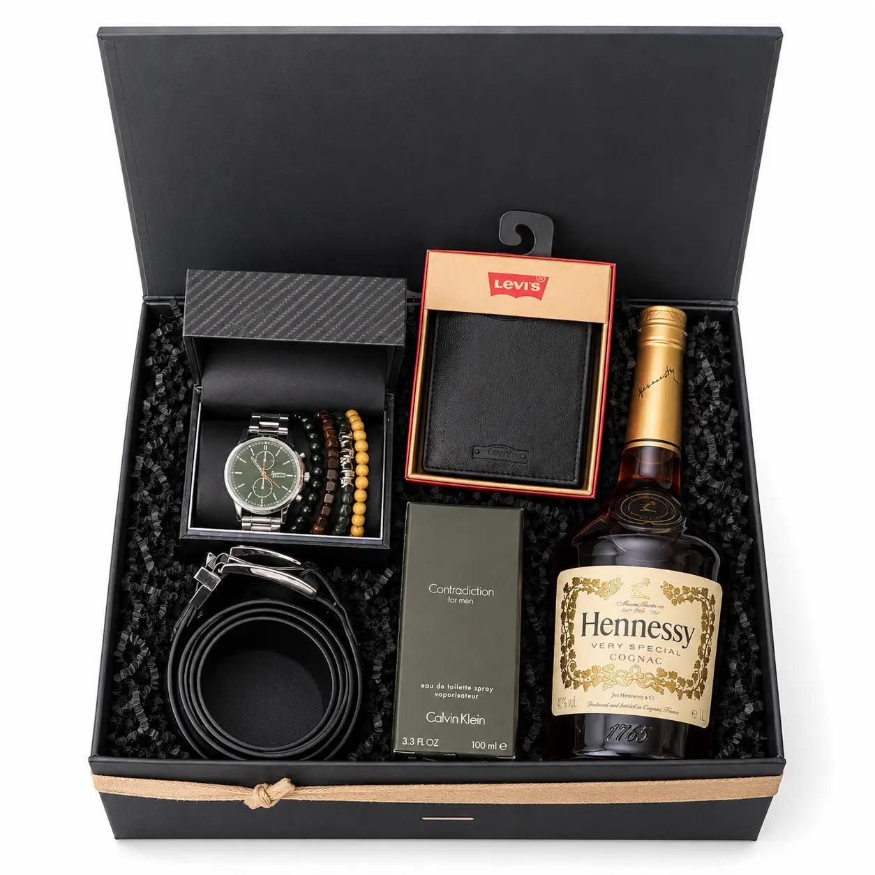 Gift set with Hennessy cognac, watch, belt, and other items in a black box.