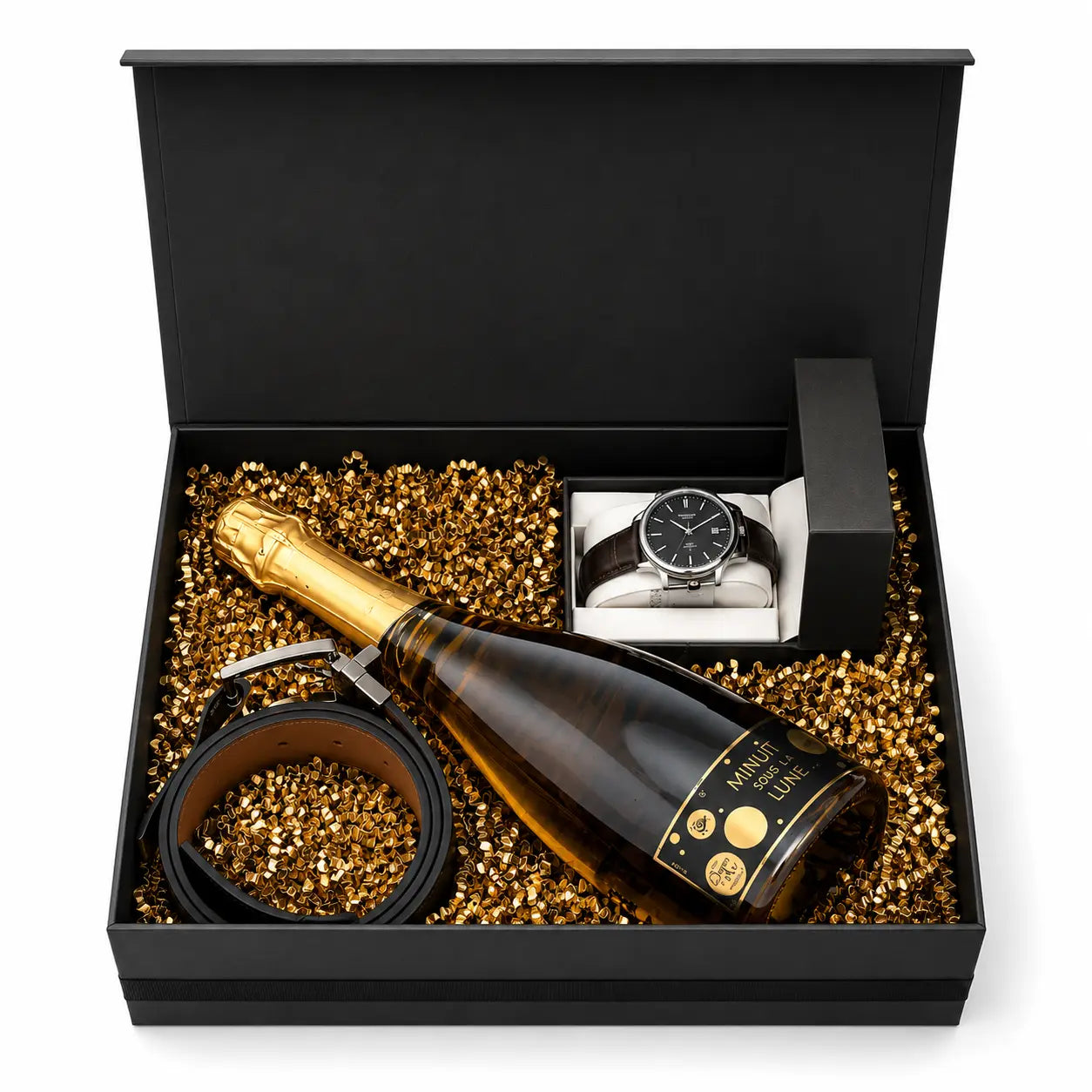 Gift set with champagne bottle, watch, and corkscrew in a black box with gold interior.