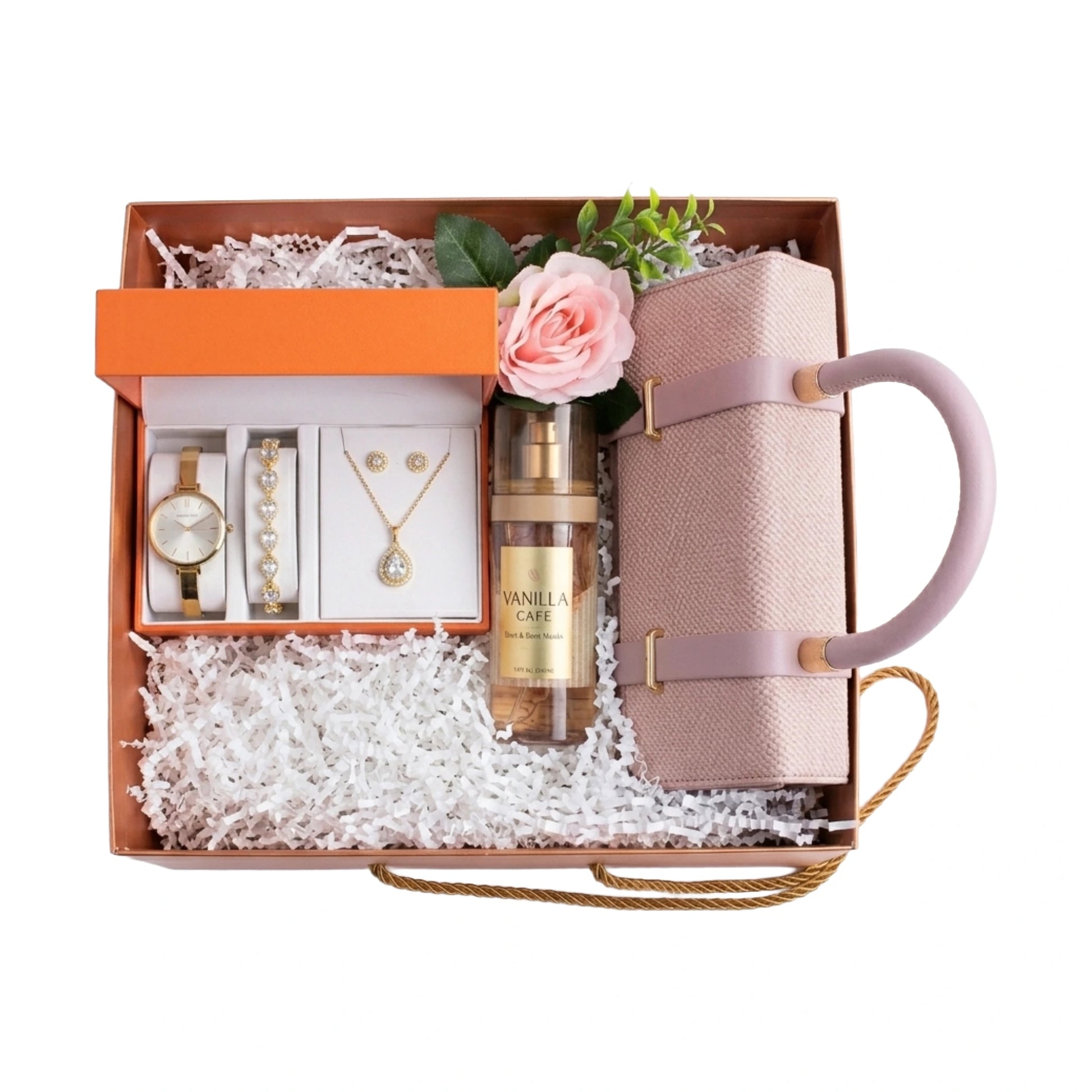 Gift set with a mug, bottle, and jewelry in a decorative box.