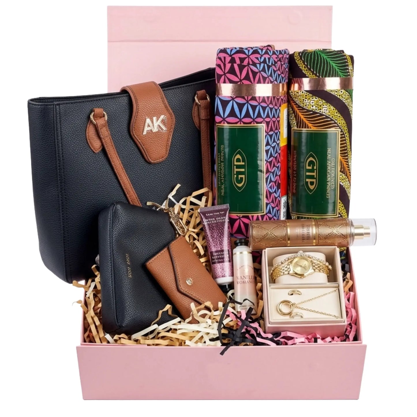 Gift box with a handbag, lip gloss, and other items on a white background