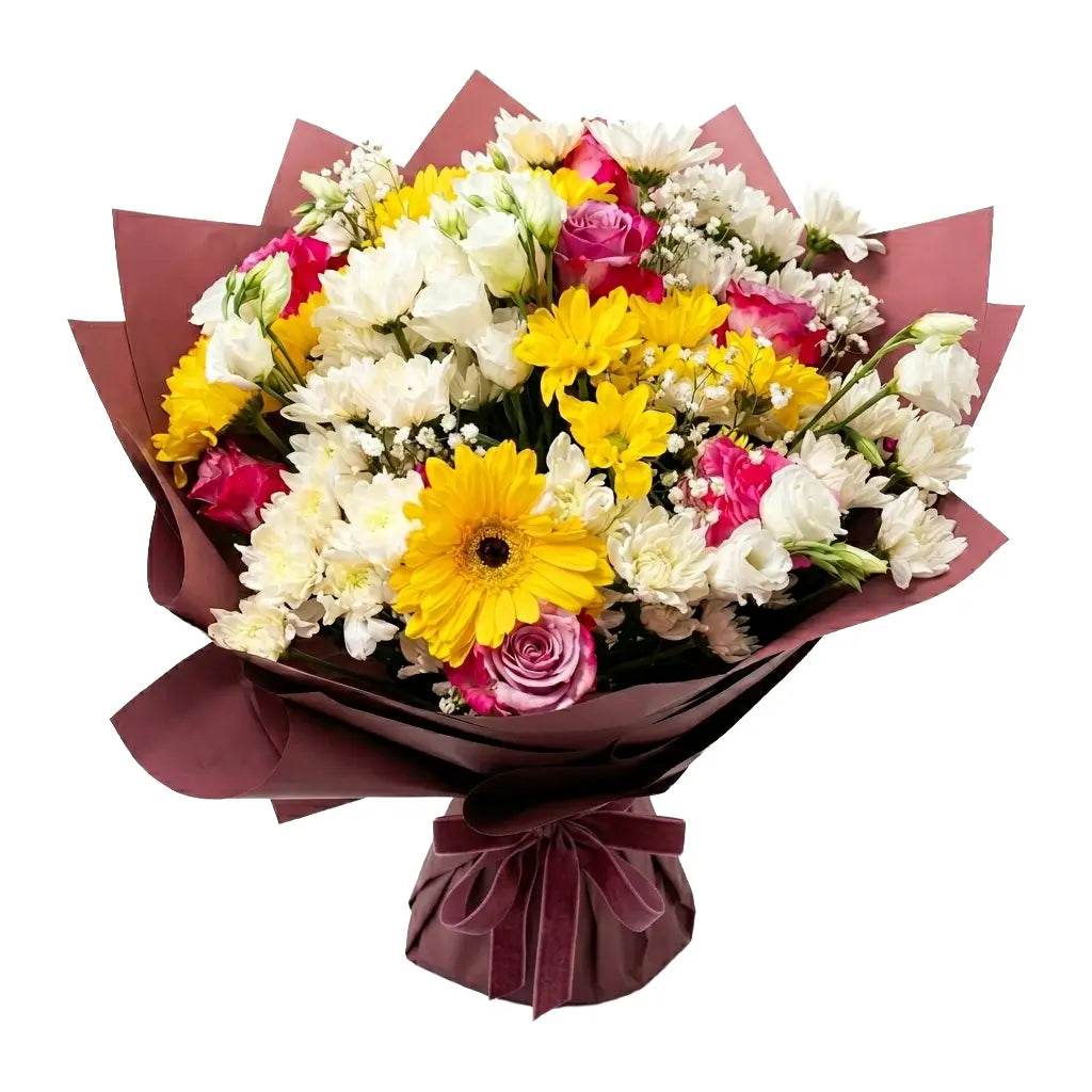 Bouquet of flowers with yellow, white, and pink flowers wrapped in brown paper on a white background