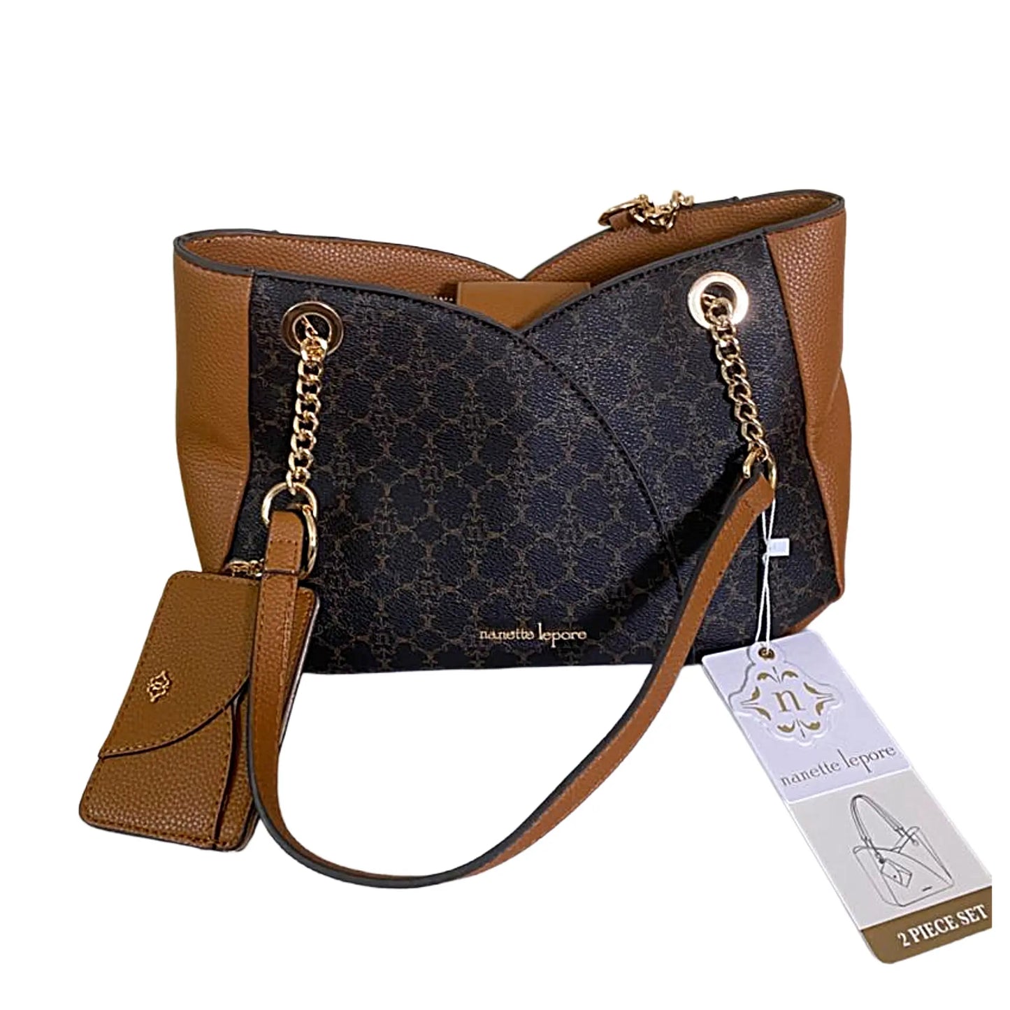 Brown and black handbag with matching wallet and tag on a white background