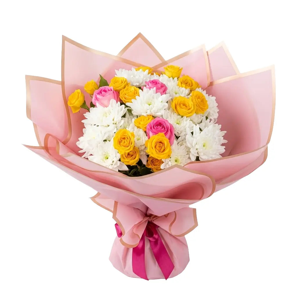 Bouquet of flowers wrapped in pink paper with a pink ribbon on a white background