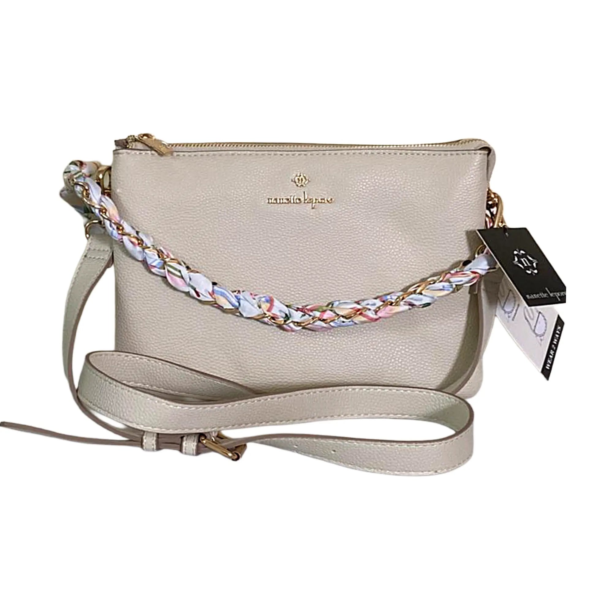 Beige handbag with a braided strap on a white background