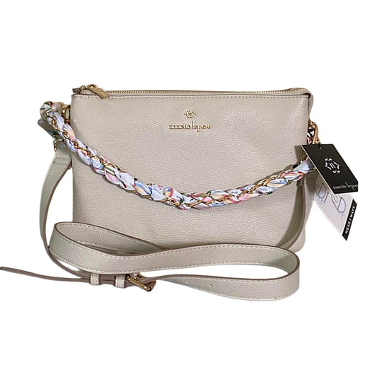 Beige handbag with a braided strap on a white background