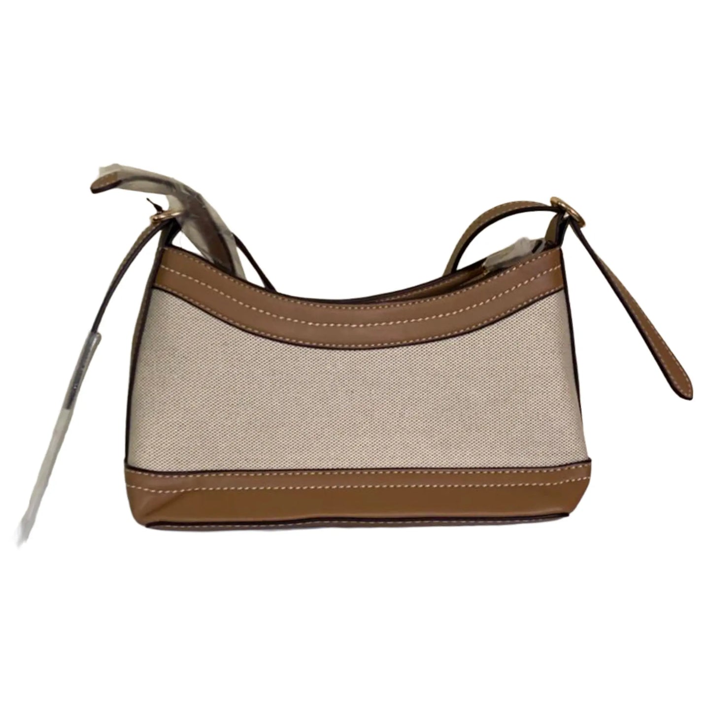 Handbag with beige body and brown accents on a white background