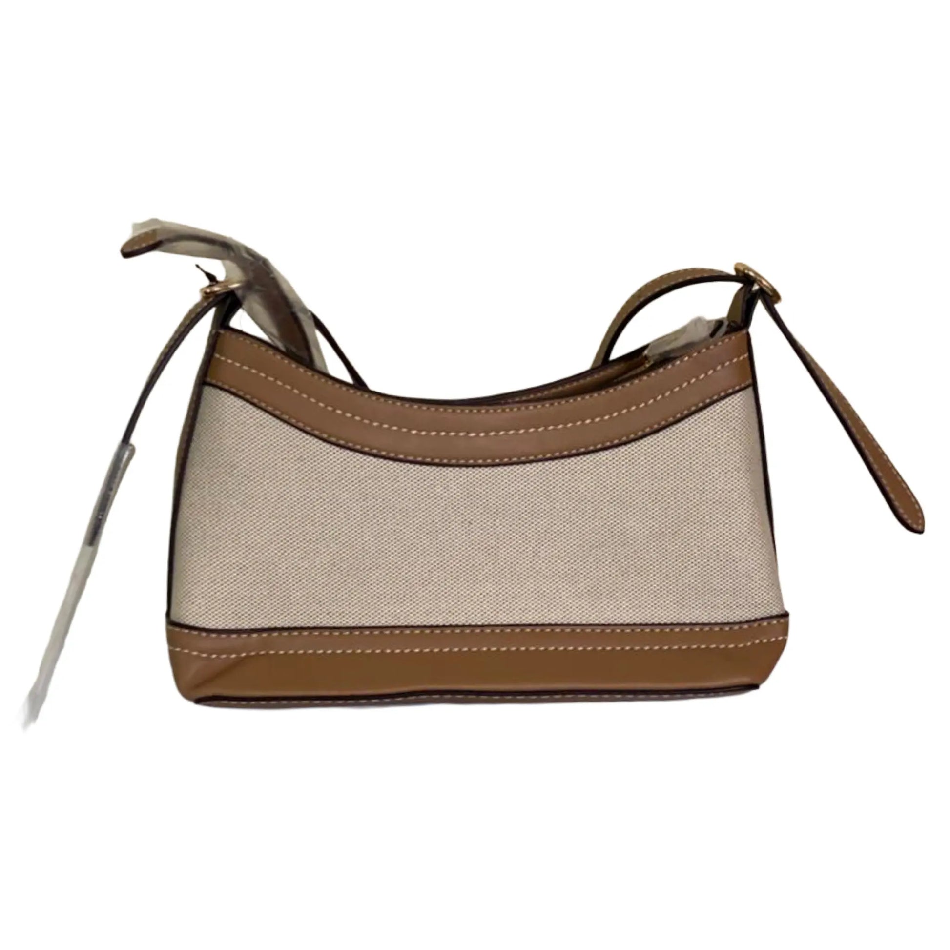 Handbag with beige body and brown accents on a white background