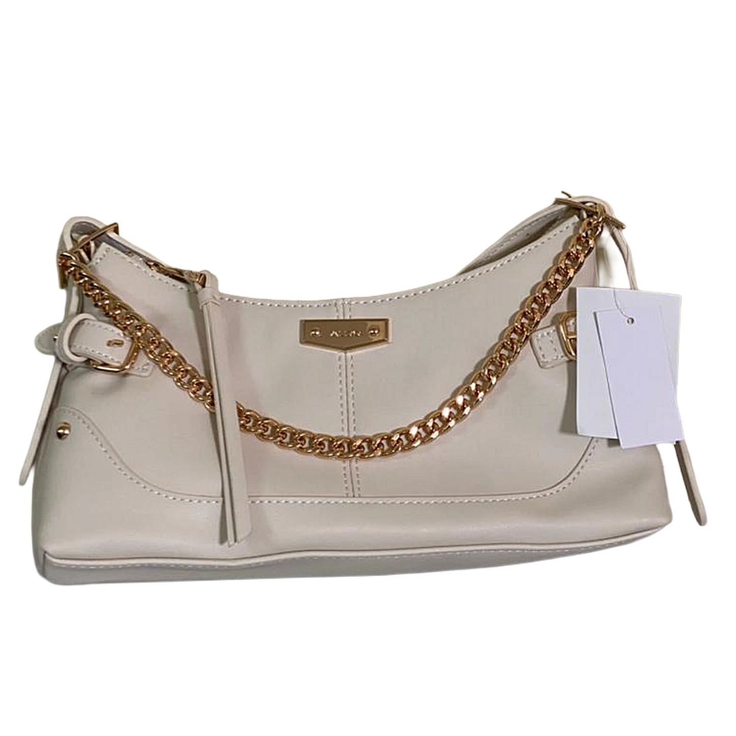 Beige handbag with gold chain detail and a visible brand tag on a white background