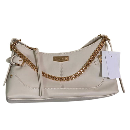 Beige handbag with gold chain detail and a visible brand tag on a white background