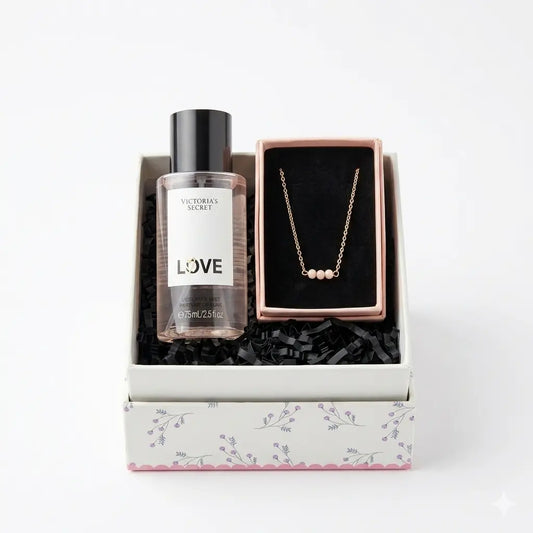 Victoria's Secret 'LOVE' perfume bottle and necklace in a decorative box on a white background