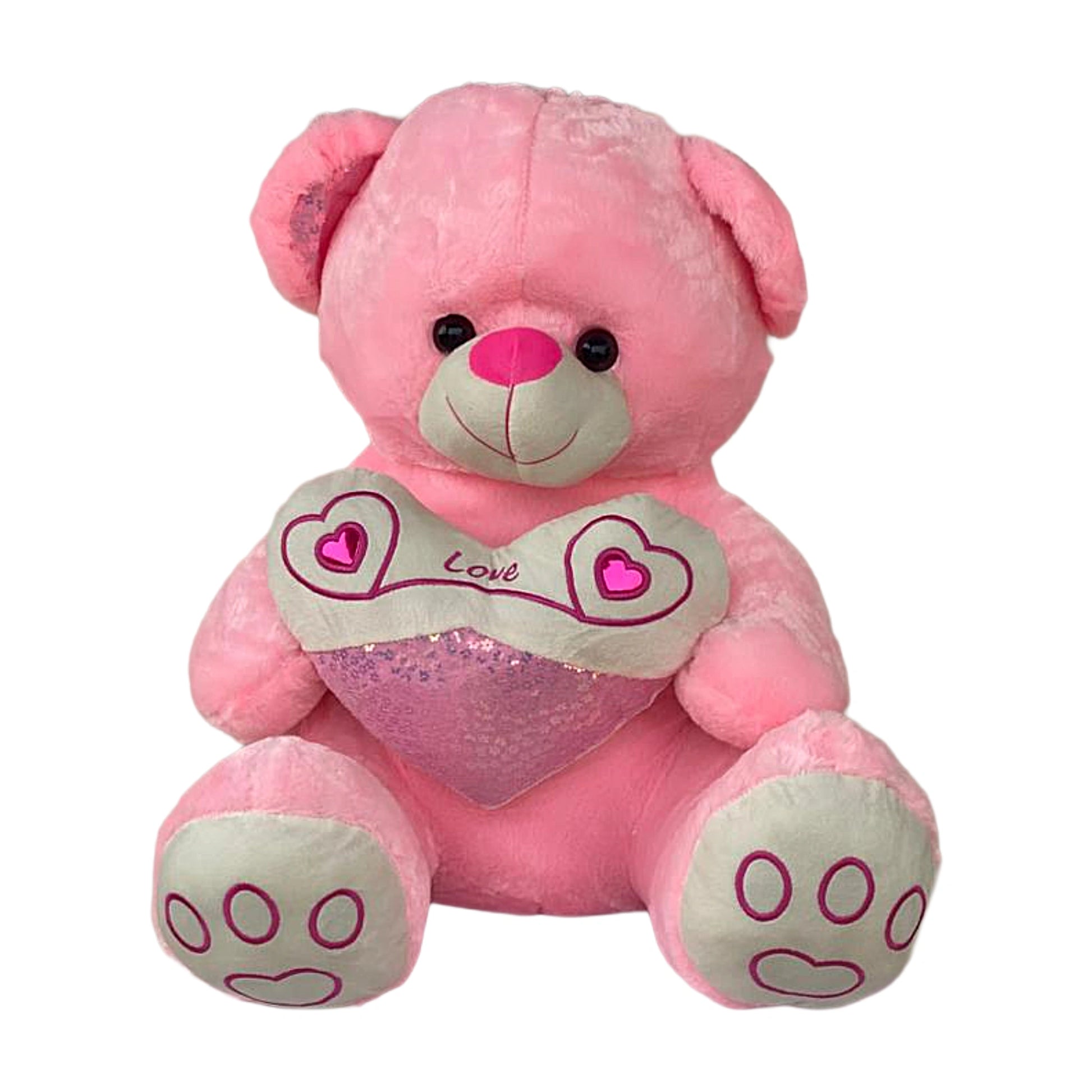 Pink teddy bear with a heart and 'Love' text on a white background
