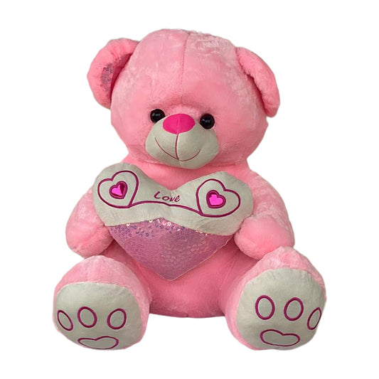 Pink teddy bear with a heart and 'Love' text on a white background
