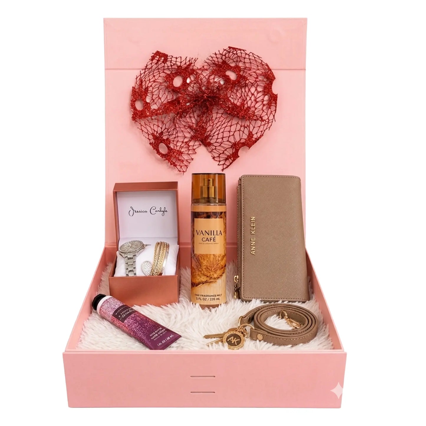 Gift set with perfumes, watches, and accessories in a pink box.
