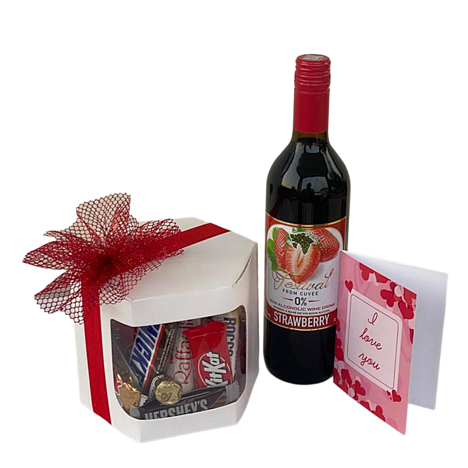 Bottle of strawberry-flavored wine with a gift box and card on a white background