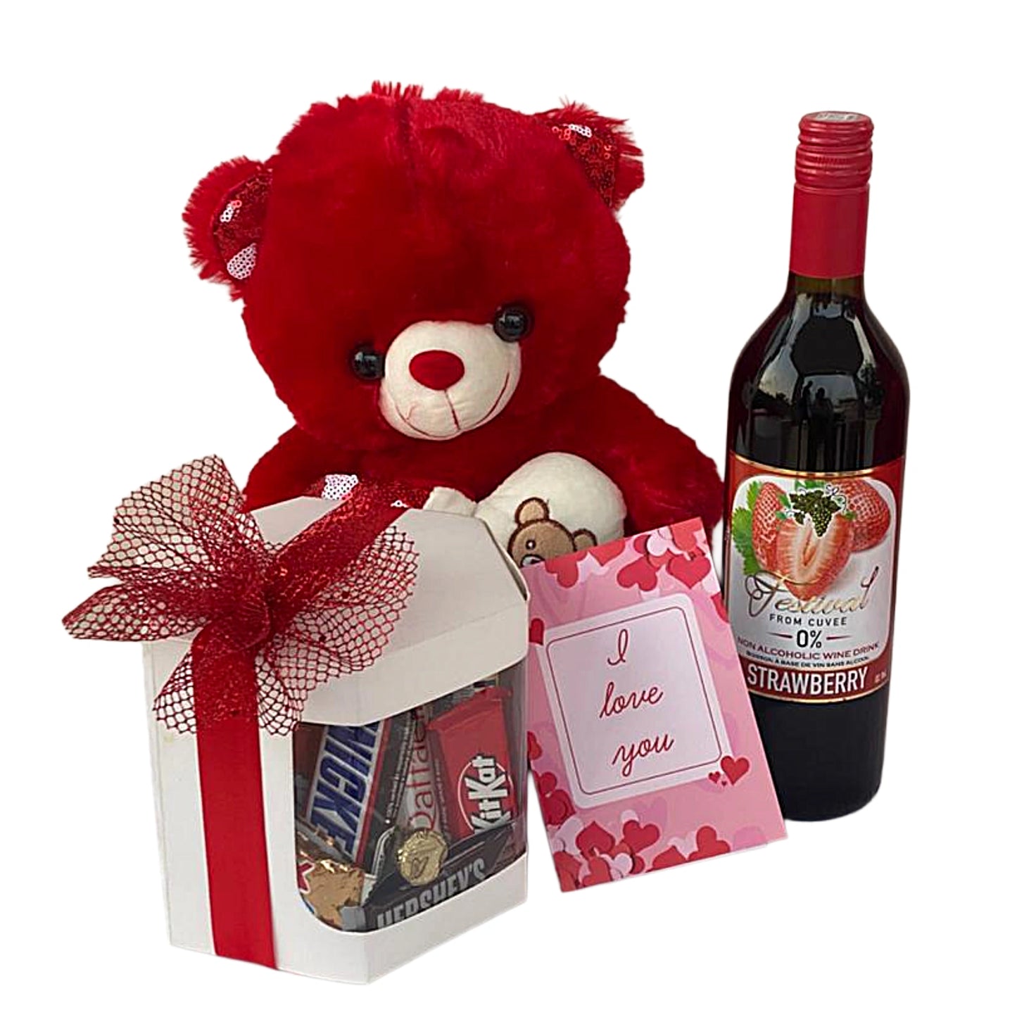 Red teddy bear with a gift, small bag, and bottle of strawberry-flavored wine on a white background