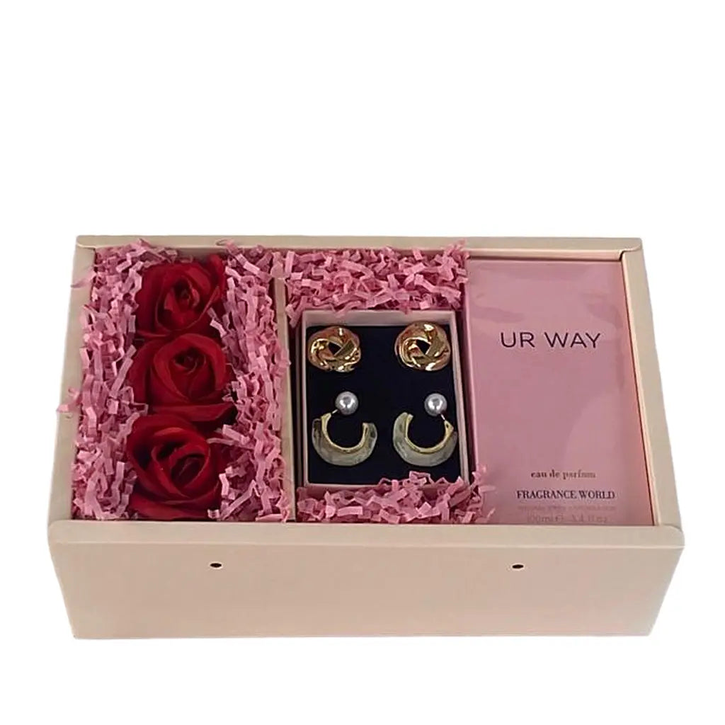 Gift set with earrings, roses, and perfume in a box