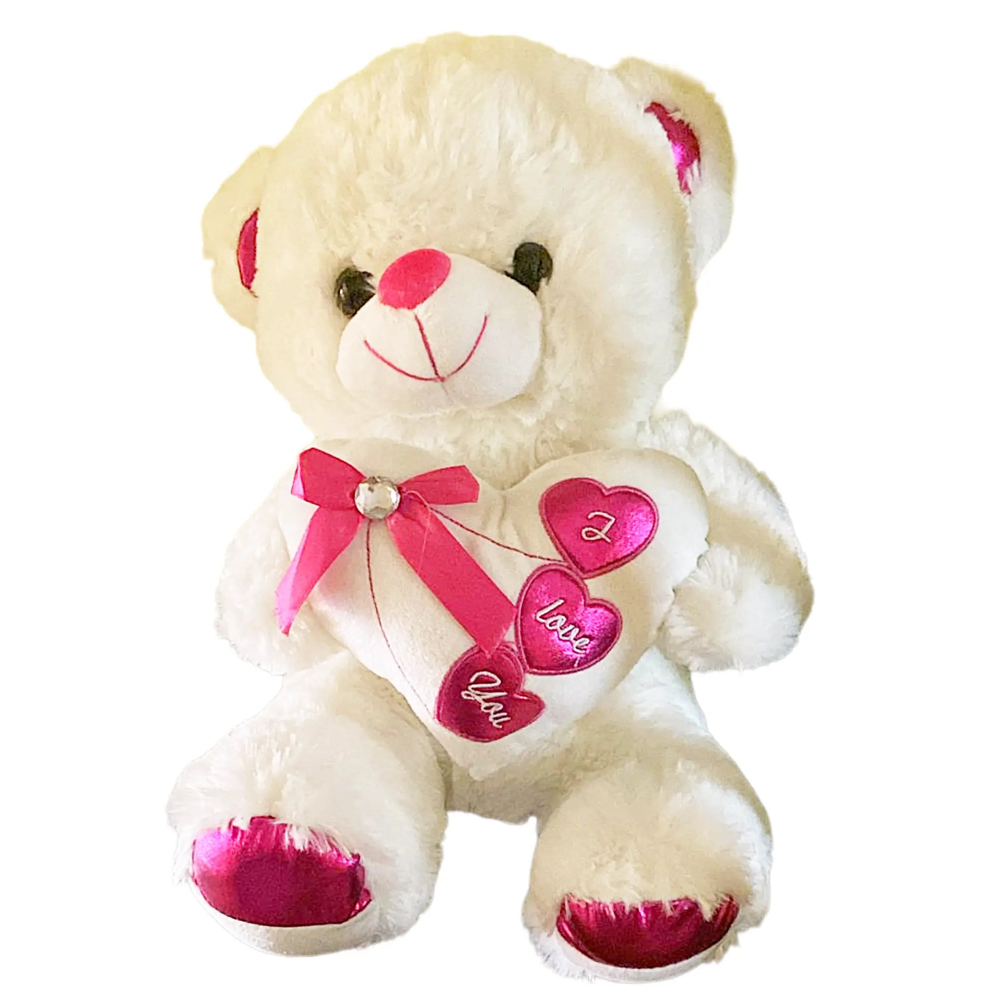 White teddy bear with pink accents and heart decorations on a white background