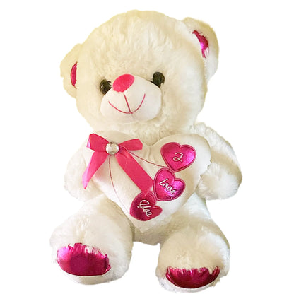 White teddy bear with pink accents and heart decorations on a white background