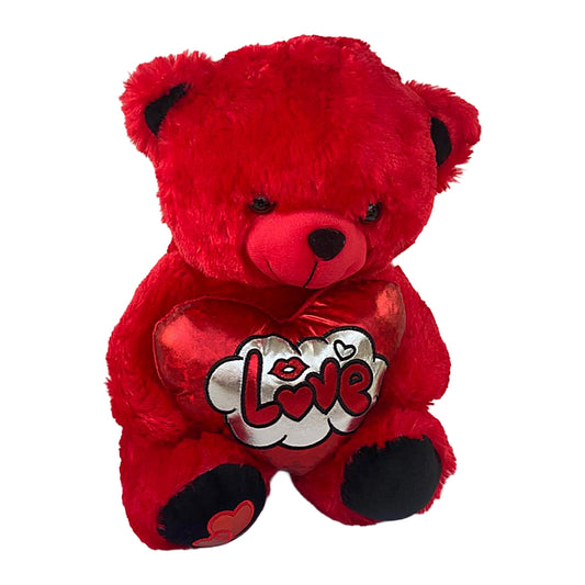 Red teddy bear with a heart that says 'Love' on a white background