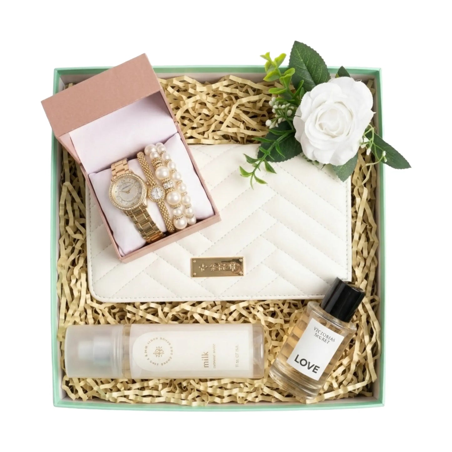 Gift set with a watch, flowers, and skincare products in a decorative box.