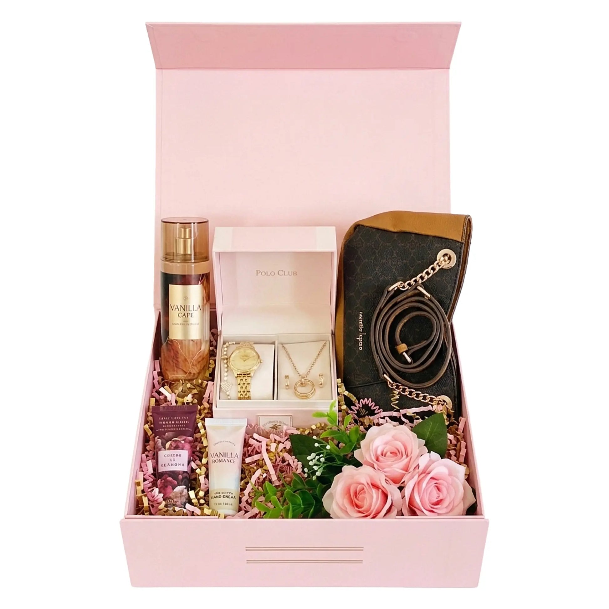 Gift box with beauty products, jewelry, and flowers on a white background