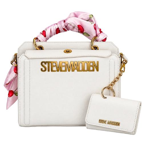 White Steve Madden handbag with a pink floral silk top handle, gold hardware, and a matching white leather key pouch with gold lettering, shown on a white background.